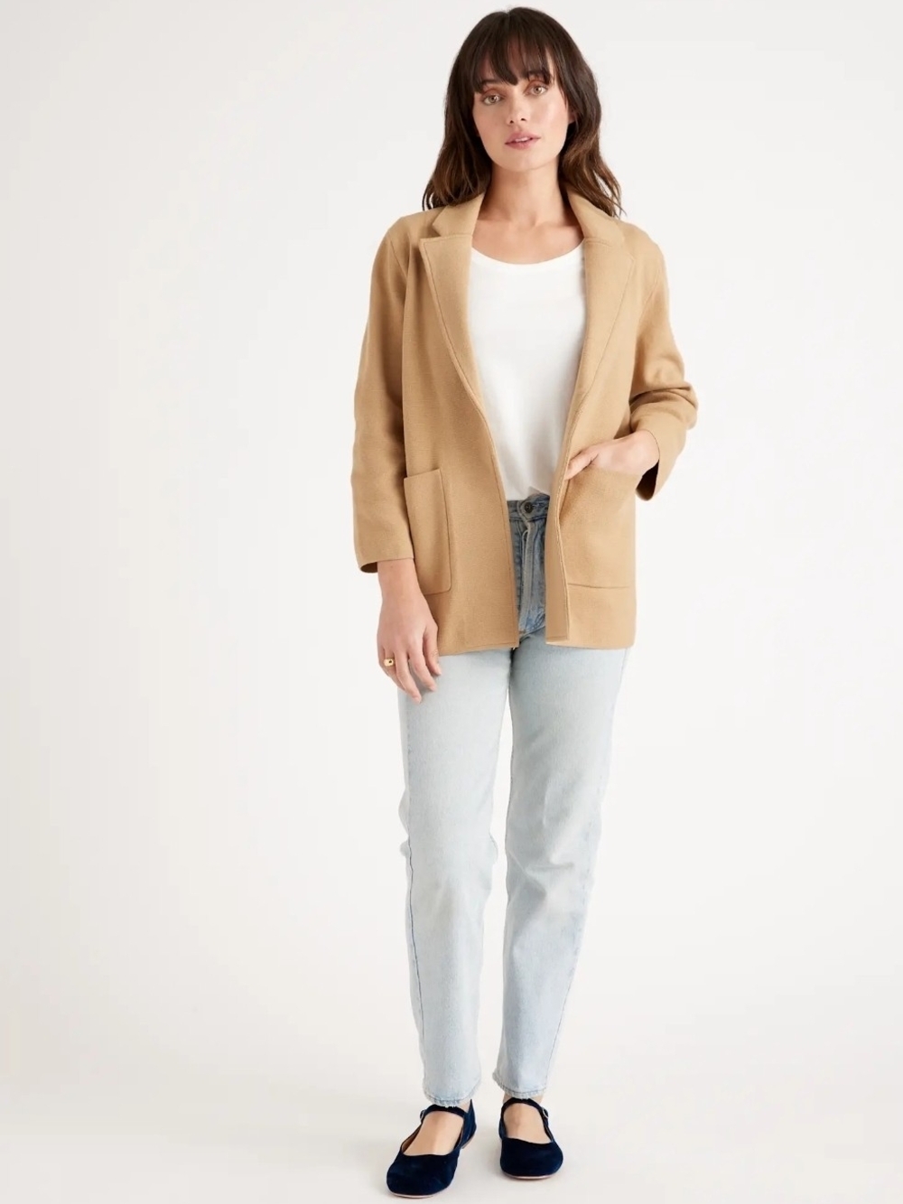 Quince Organic Cotton Knit Blazer Camel Size Large